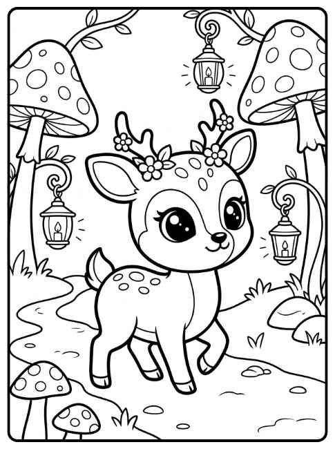 Página para colorir: cervinho na floresta