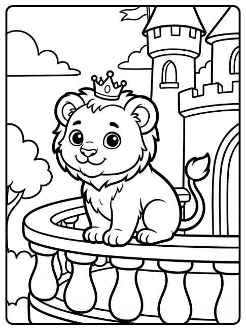 Página para colorir: leãozinho no castelo
