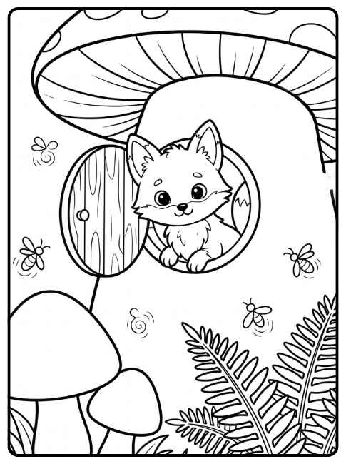 Página para colorir: raposinha na casa de cogumelo